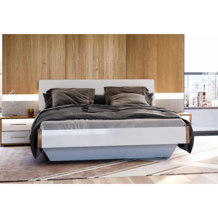 Lit Niko , blanc laqué et chêne clair 160x200 cm avec chevet posé Lit Niko , blanc laqué et chêne clair 160x200 cm avec chevet posé