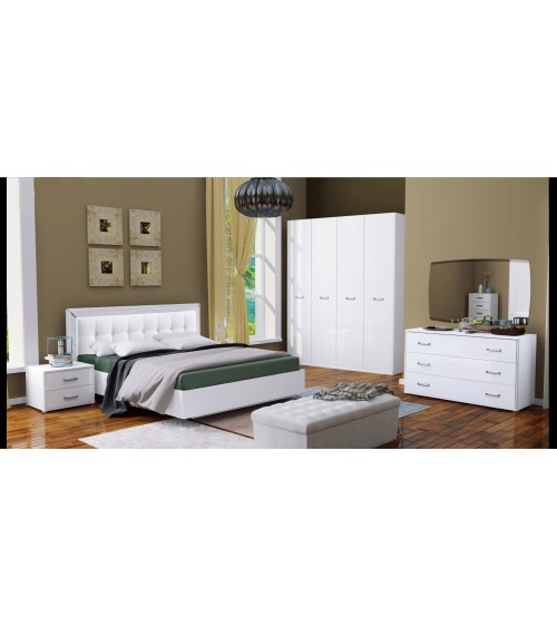 Chambre complète blanche BELLA lit + 2 chevets + commode + armoire