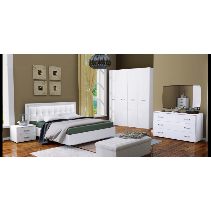 Chambre complète blanche BELLA lit + 2 chevets + commode + armoire Chambre complète blanche BELLA lit + 2 chevets + commode + armoire