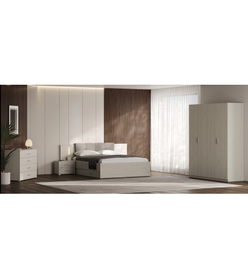 Chambre complète EMMA lit + 2 chevets + commode + armoire Pin
