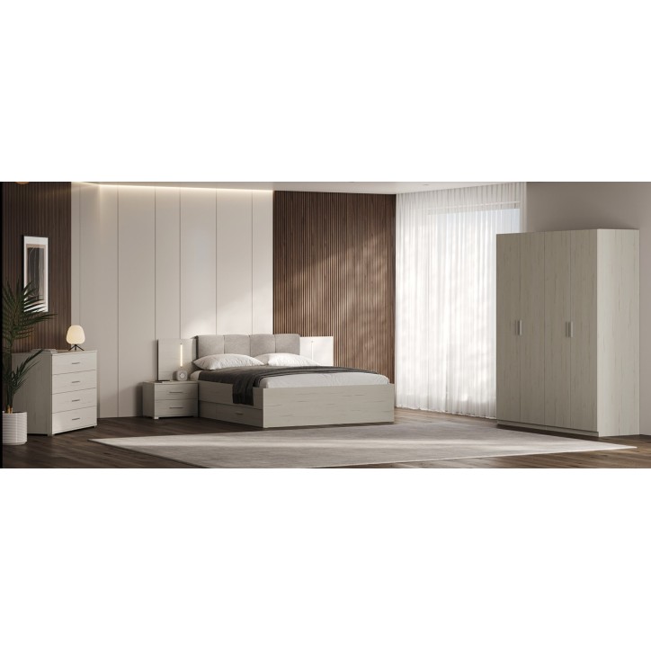 Chambre complète EMMA lit + 2 chevets + commode + armoire Pin