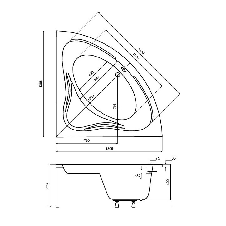 MUSA II vasca da bagno angolare 140x140 cm con pannello incluso