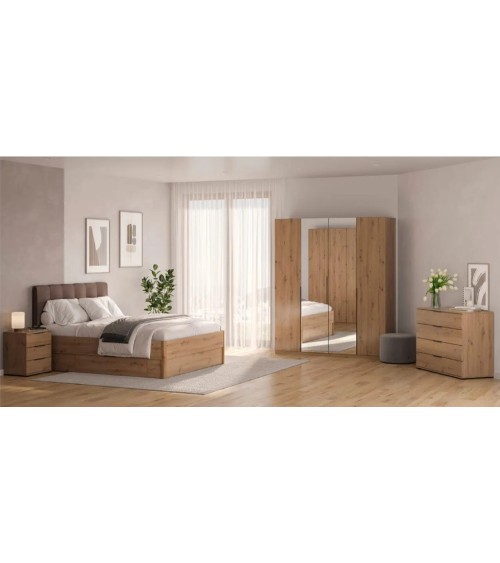 Chambre complète TEDDY lit + 2 chevets + commode + armoire 3 portes chêne