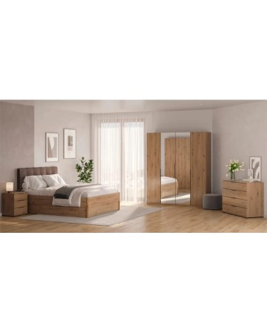 Chambre complète TEDDY lit + 2 chevets + commode + armoire 3 portes chêne