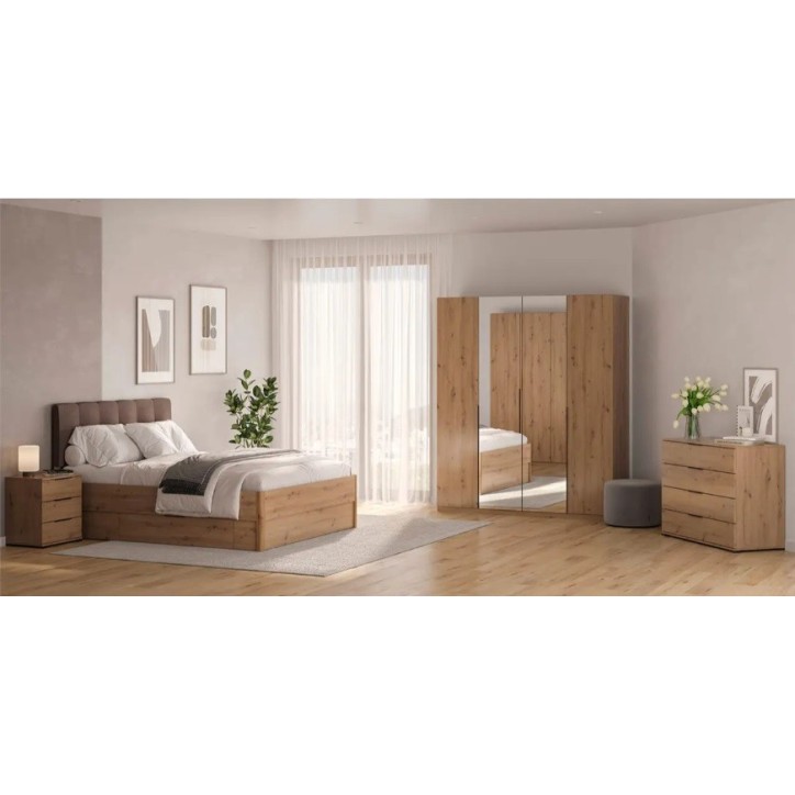 Chambre complète TEDDY lit + 2 chevets + commode + armoire 3 portes chêne Chambre complète TEDDY lit + 2 chevets + commode + armoire 3 portes chêne