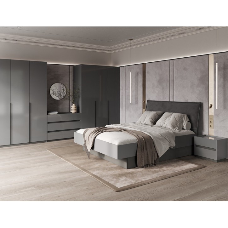 Chambre complète TEO lit + 2 chevets + commode + armoire 4 portes anthracite
