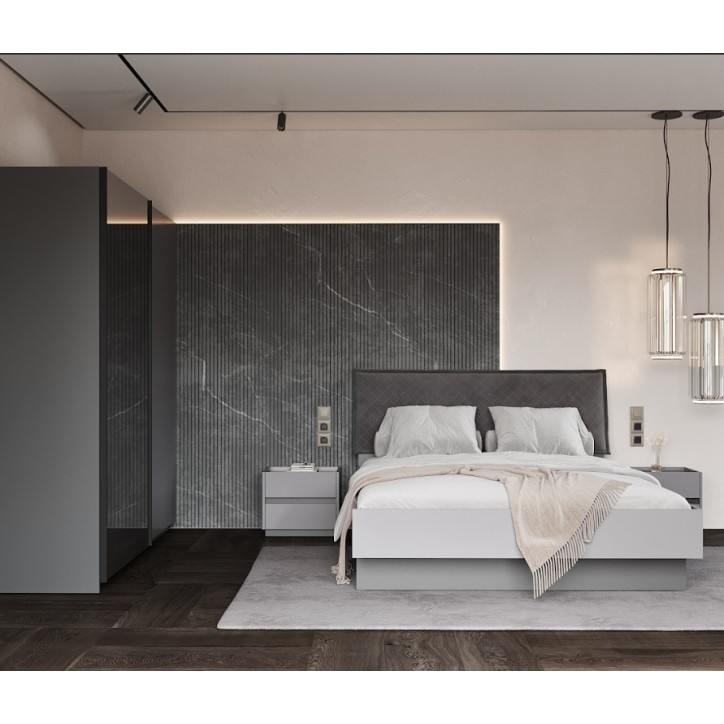 Chambre complète TEO lit + 2 chevets + commode + armoire 4 portes anthracite