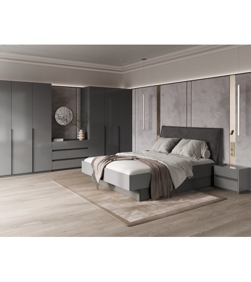 Chambre TEO lit + 2 chevets + commode anthracite