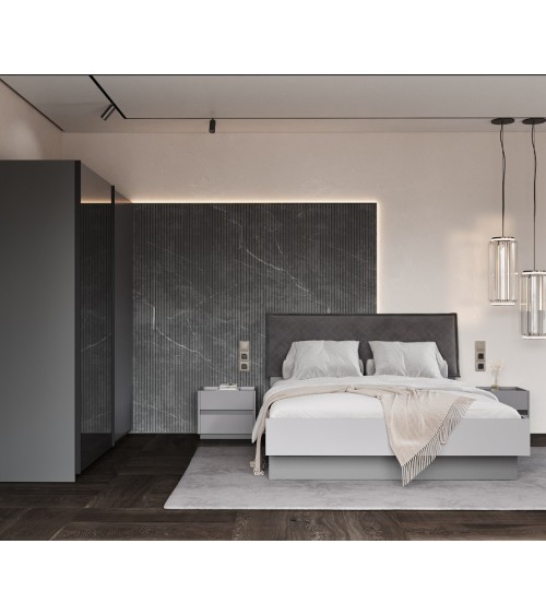 Chambre TEO lit + 2 chevets + commode anthracite