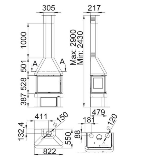 Poêle à bois ANACO 3 faces vitrées avec turbine 13 kW