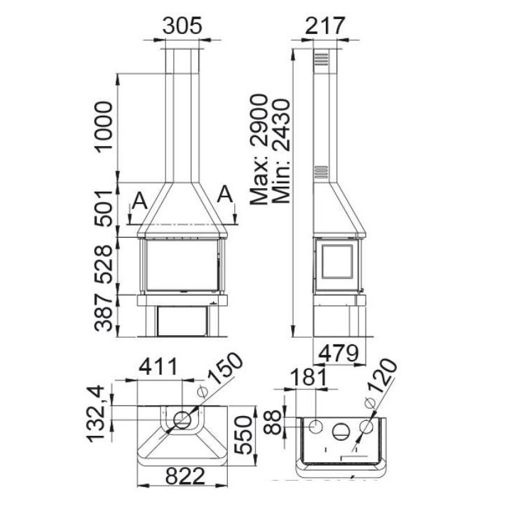 Poêle à bois ANACO 3 faces vitrées avec turbine 13 kW