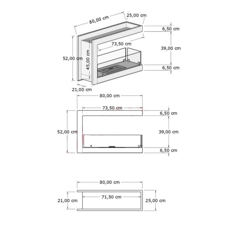 Chimenea de BIOETANOL U de doble cara 80 cm