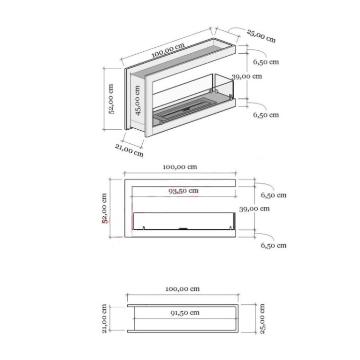 Lareira BIOETANOL U dupla face 100 cm