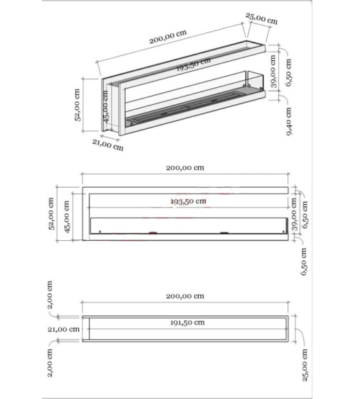 Chimenea de BIOETANOL U de doble cara 200 cm