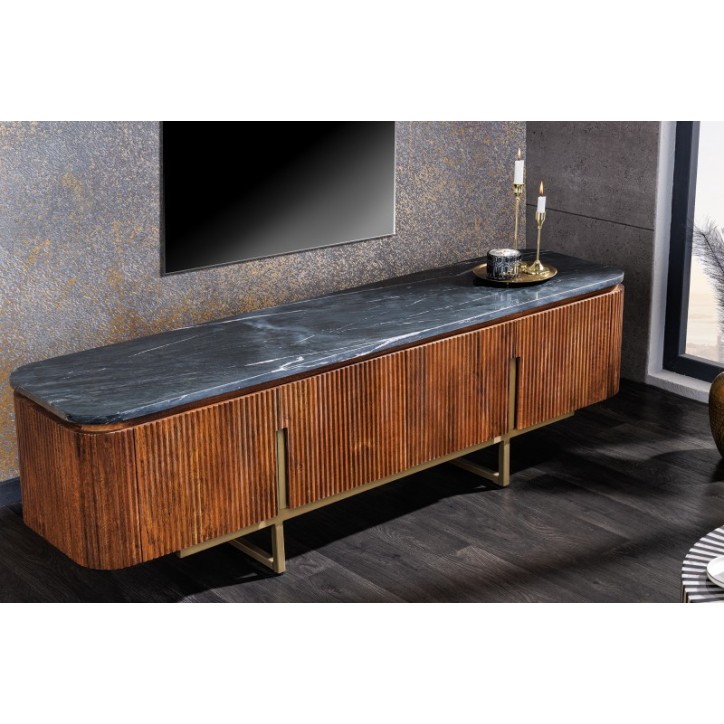 Meuble TV LINE III en bois massif de manguier + marbre