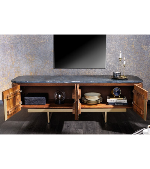 Meuble TV LINE III en bois massif de manguier + marbre