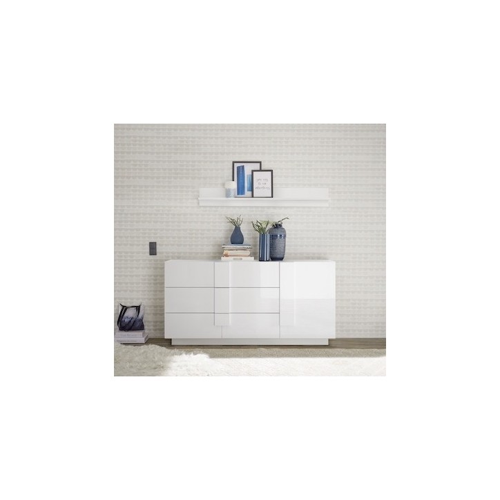 Buffet 1 porte et 3 tiroirs JUPITER blanc laqué brillant 182 cm