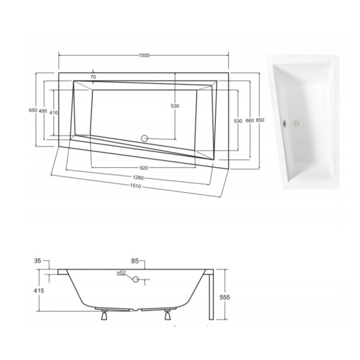 Hoekbad RECHTS INTIMA 150 of 160 cm MET ZWARTE OMKASTING
