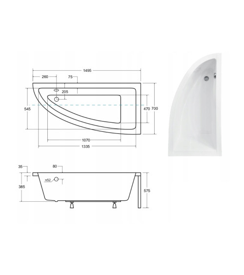 Baignoire d'angle ORIEGA 150 cm droite avec tablier noir