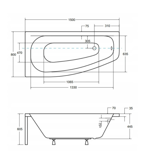 Hoekbad LUNA 150 cm met zwart paneel