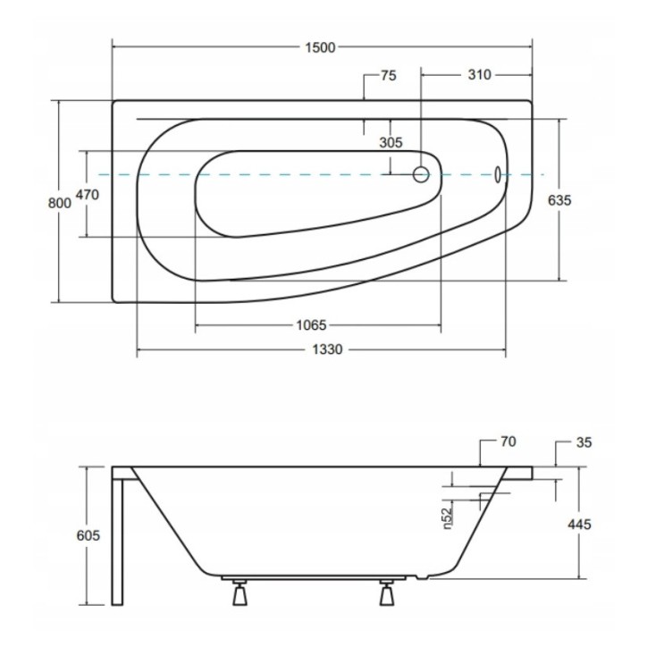 Hoekbad LUNA 150 cm met zwart paneel