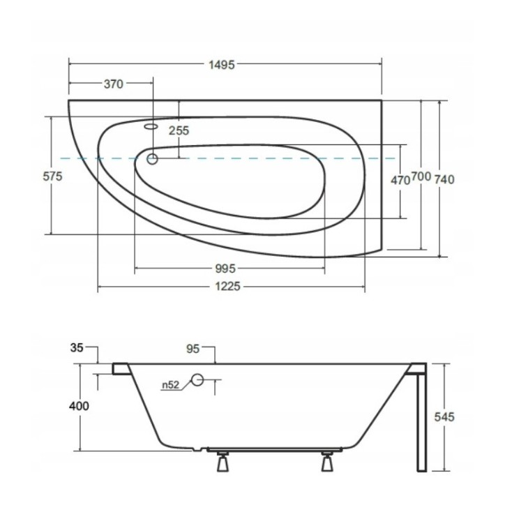Vasca da bagno angolare destra MARINA 150cm con grembiule NERO