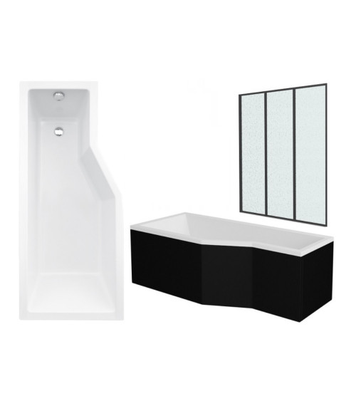 Baignoire asymétrique avec tablier noir INTEGRA 150 cm+ pare baignoire