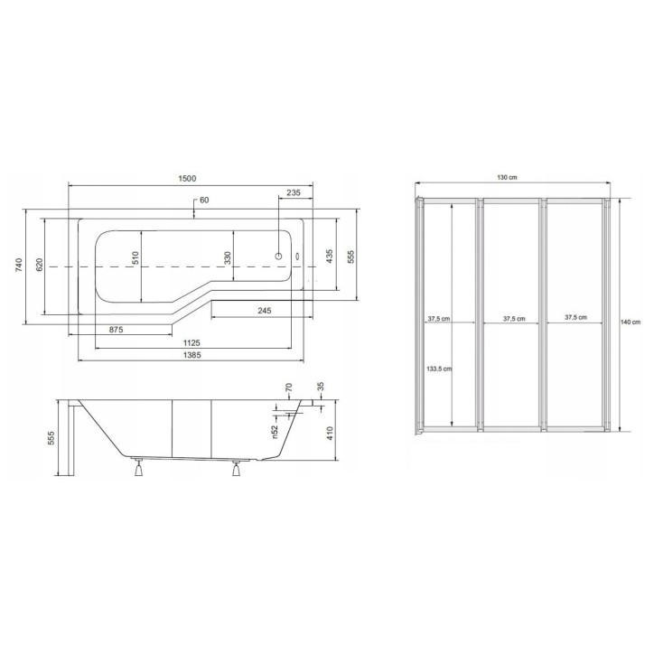 Vasca da bagno asimmetrica INTEGRA con grembiule nero 150cm + schermo da bagno