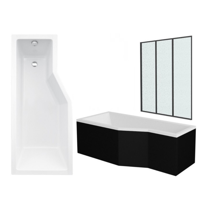 Vasca da bagno asimmetrica INTEGRA con grembiule nero 170cm + schermo da bagno