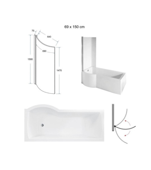 Badkuip INSPIRO zwart voorpaneel 160 cm + badwand