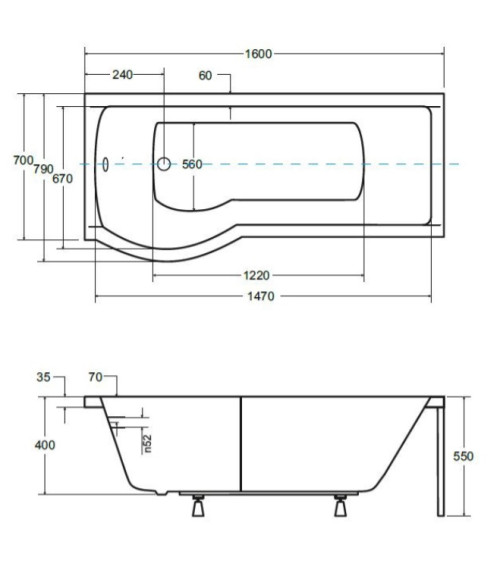Badkuip INSPIRO zwart voorpaneel 160 cm + badwand