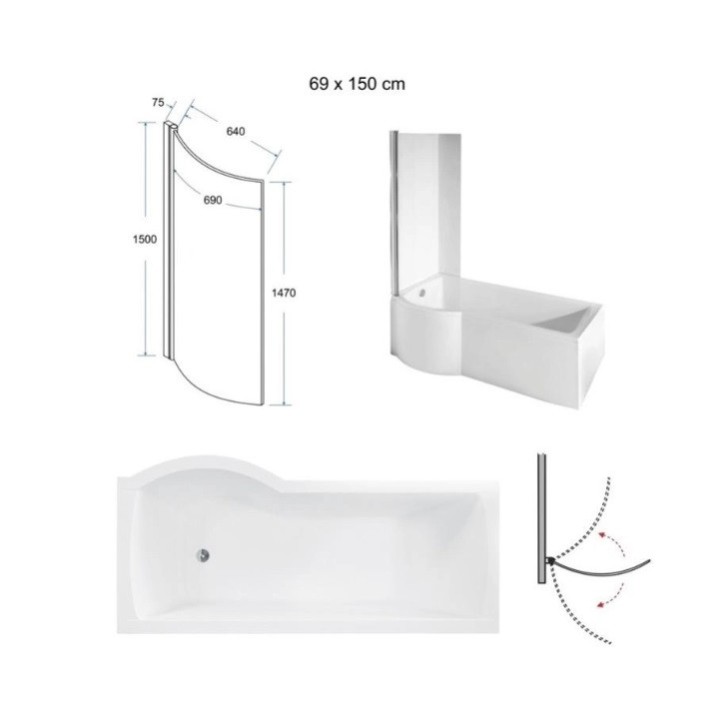 Bañera INSPIRO con delantal negro 170 cm + mampara de baño