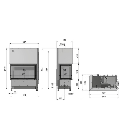 Insert à bois d'angle Volcano 2BL/PTh 93 cm