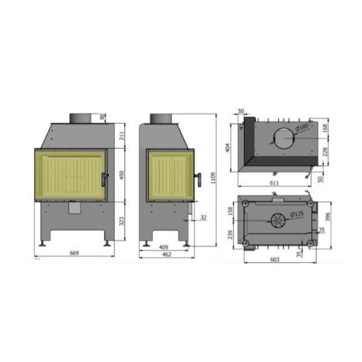 Insert à bois d'angle Heatro 55L/P noir- 67cm