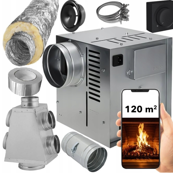 Kit de distribución de aire caliente para chimenea - 5 piezas, 120 m²