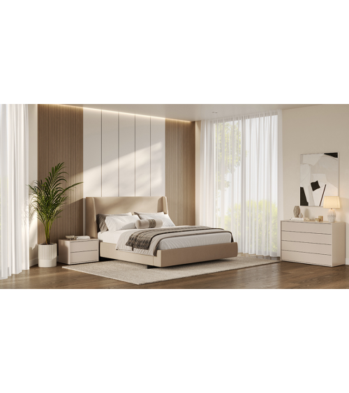 ASTO BED met nachtkastjes, wit laqué en licht eiken 160x200 cm