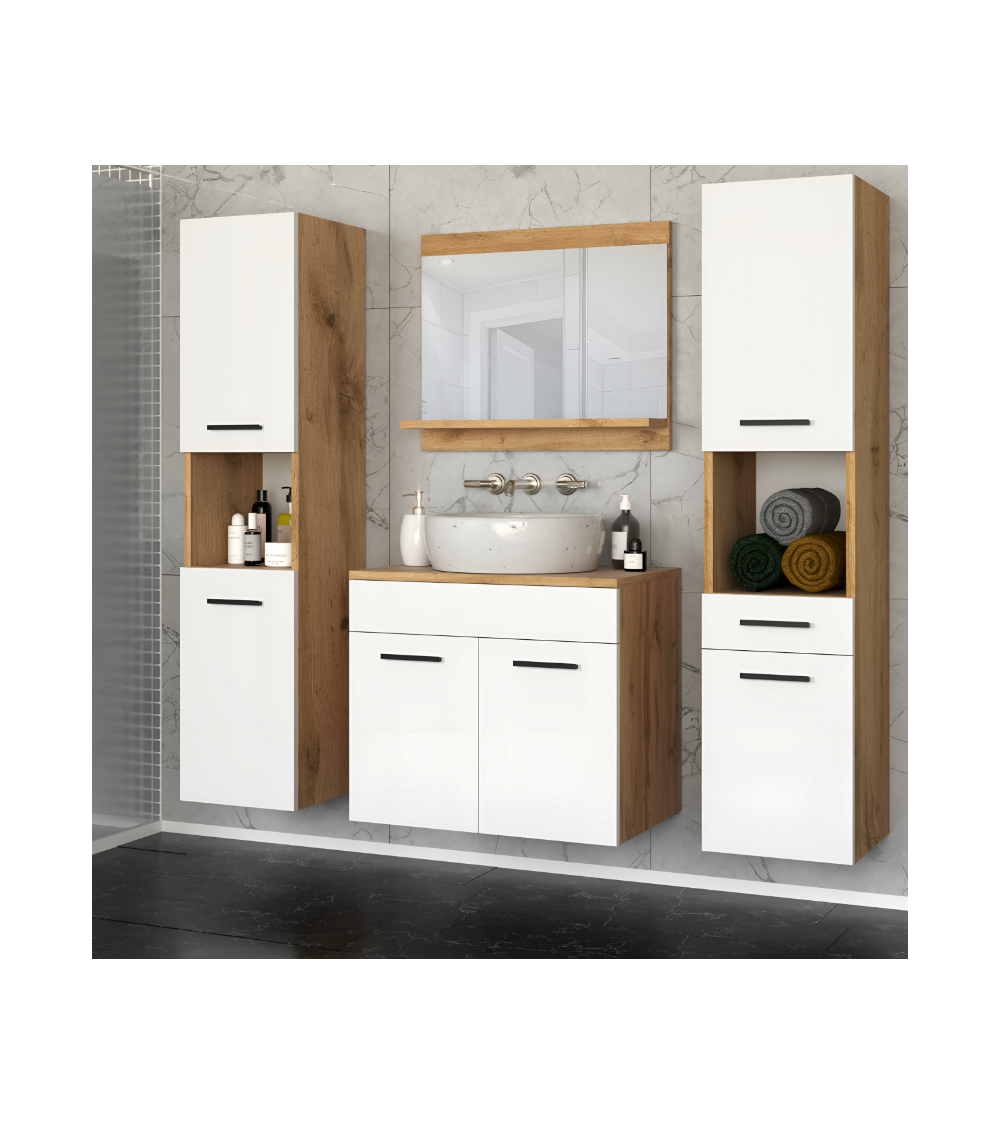 PERRI WHITE LACQUER -kylpyhuonekaluste L60, jossa on integroitu allas, peili ja 2 pylvästä.