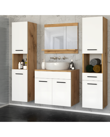 Meuble PERRI BLANC LAQUE salle de bain L60 avec vasque intégrée, miroir, 2 colonnes.