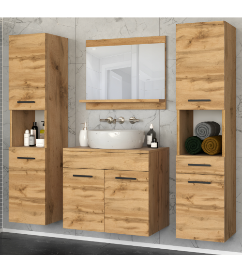 Meuble PERRI BLANC LAQUE salle de bain L60 avec vasque intégrée, miroir, 2 colonnes.