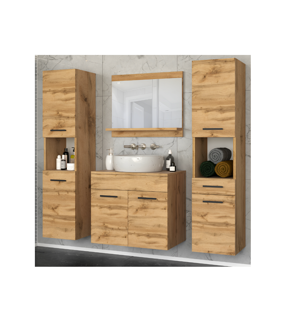 PERRI WIT LACQUER badkamermeubel L60 met geïntegreerde wastafel, spiegel en 2 zuilen.