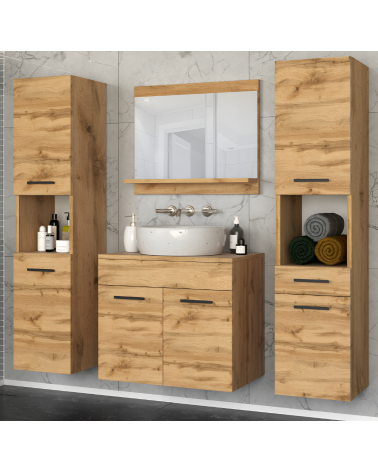 Móvel de casa de banho PERRI WHITE LACQUER L60 com lavatório integrado, espelho e 2 colunas.