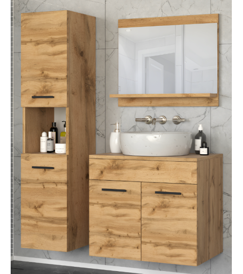 Meuble PERRI BLANC LAQUE salle de bain L60 avec vasque intégrée, miroir, 2 colonnes.