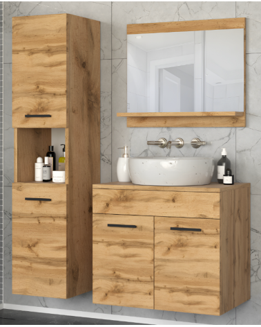 Meuble PERRI BLANC LAQUE salle de bain L60 avec vasque intégrée, miroir, 2 colonnes.