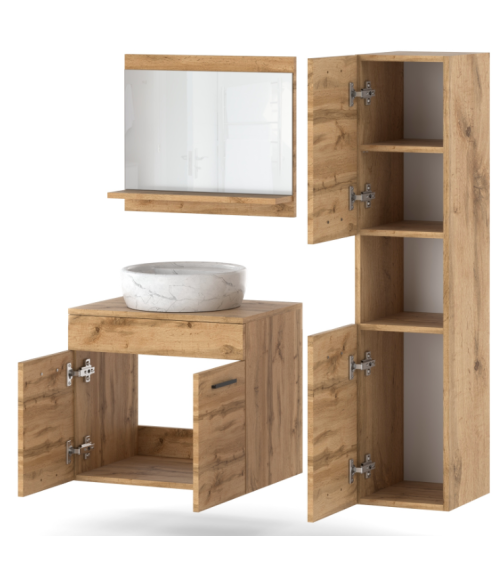 Meuble PERRI BLANC LAQUE salle de bain L60 avec vasque intégrée, miroir, 2 colonnes.