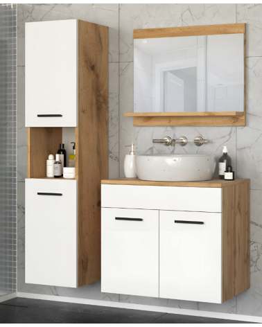 Meuble PERRI BLANC LAQUE salle de bain L60 avec vasque intégrée, miroir, 2 colonnes.