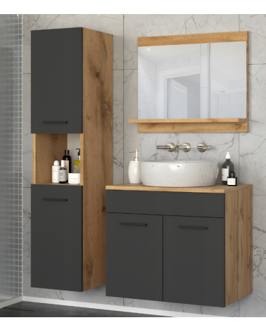 Meuble PERRI BLANC LAQUE salle de bain L60 avec vasque intégrée, miroir, 2 colonnes.
