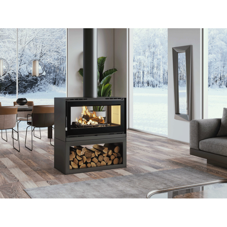 Estufa de leña de doble cara con leñero - max 19 KW