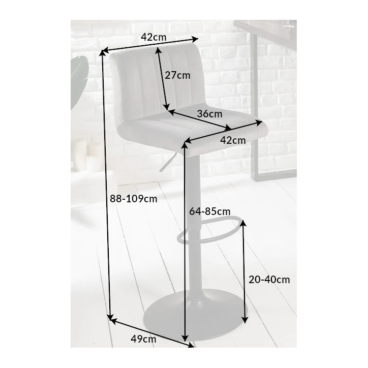 Taburete de bar PORTLAND de 88-109 cm en terciopelo gris