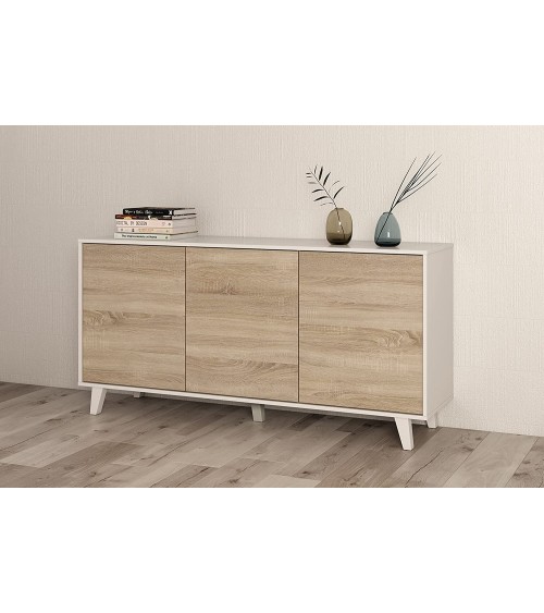 Buffet 3 portes 154 x 41 x 75 cm chêne canadian-blanc brillant