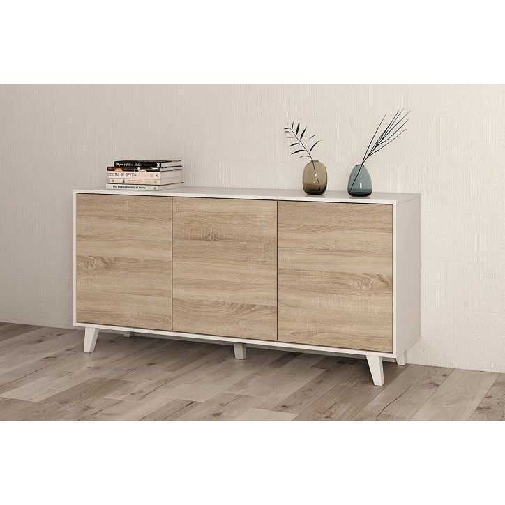 Buffet 3 portes 154 x 41 x 75 cm chêne canadian-blanc brillant